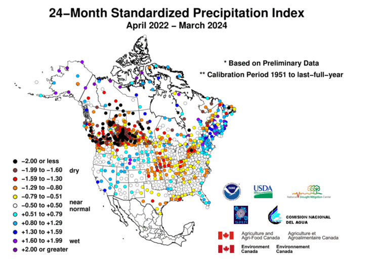 United States & Mexico 24-MonthStandardized Precipitation Index Division-Based Dot Map