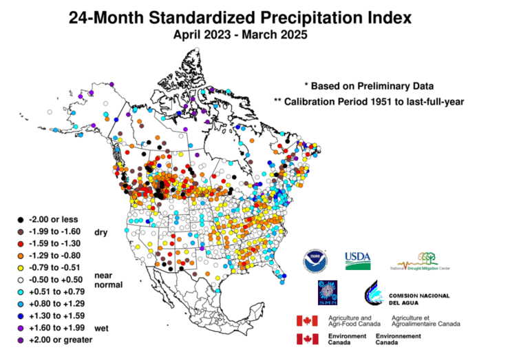 United States & Mexico 24-MonthStandardized Precipitation Index Division-Based Dot Map