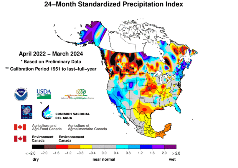 United States & Mexico 24-MonthStandardized Precipitation Index Division-Based Contour Map