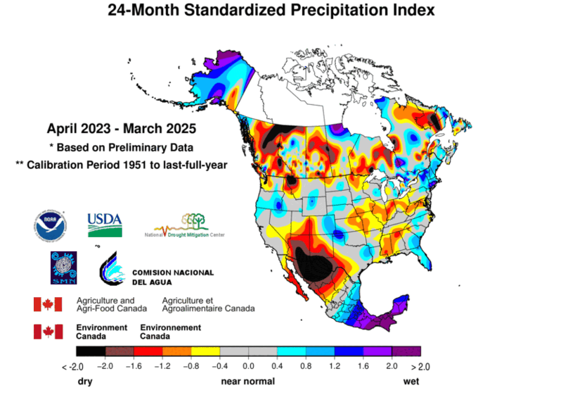 United States & Mexico 24-MonthStandardized Precipitation Index Division-Based Contour Map