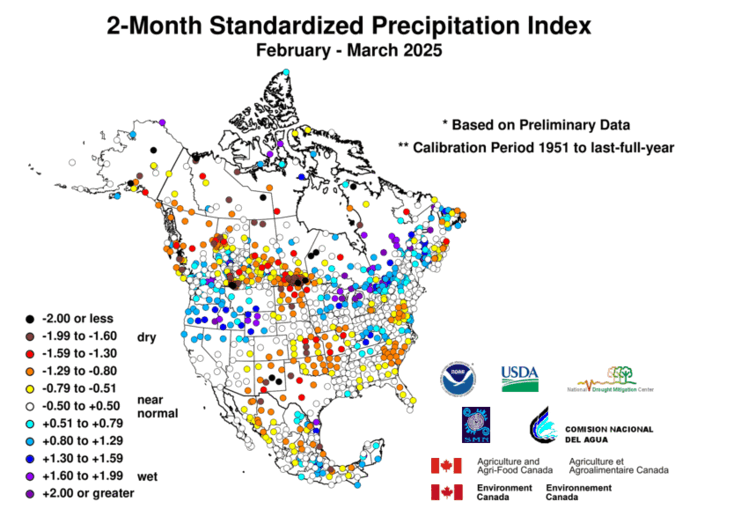 United States & Mexico 2-MonthStandardized Precipitation Index Division-Based Dot Map