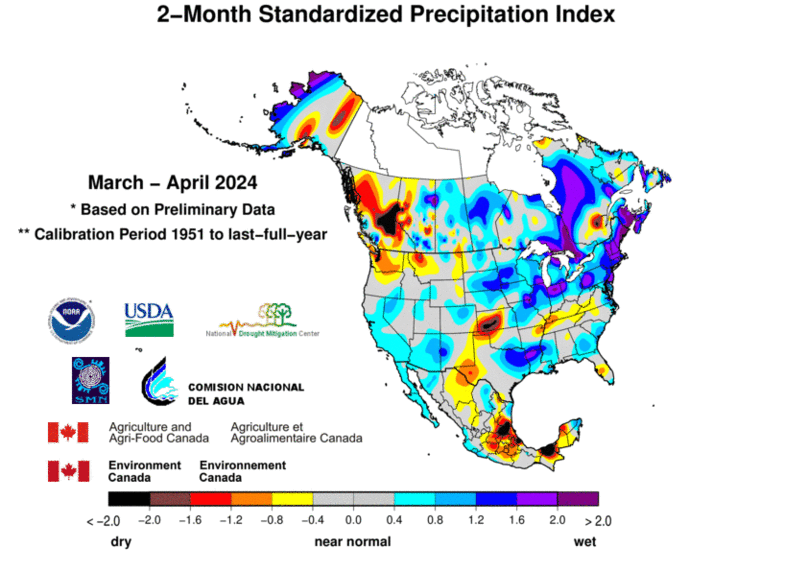 United States & Mexico 2-MonthStandardized Precipitation Index Division-Based Contour Map