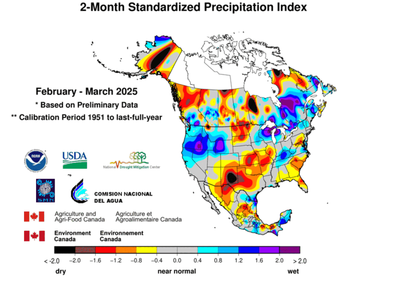 United States & Mexico 2-MonthStandardized Precipitation Index Division-Based Contour Map