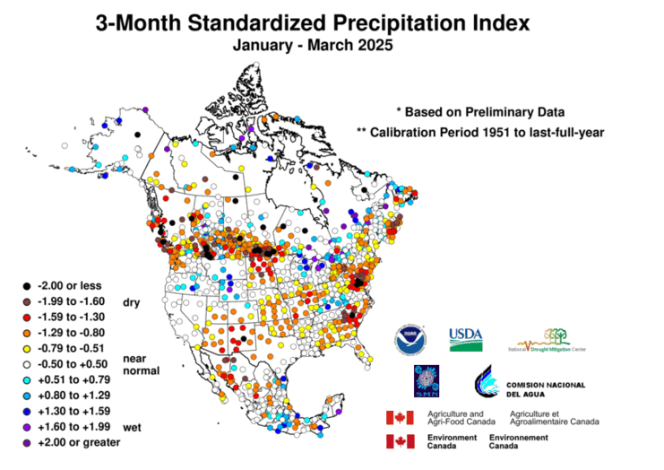 United States & Mexico 3-MonthStandardized Precipitation Index Division-Based Dot Map