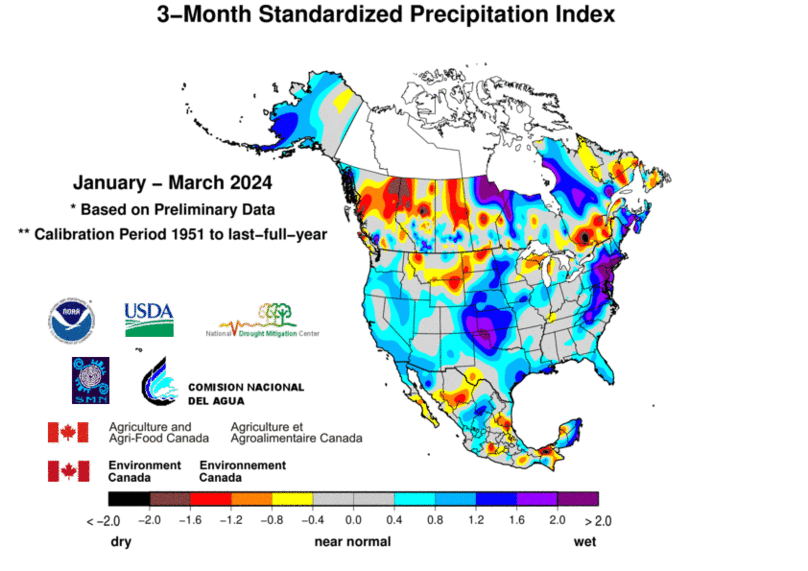 United States & Mexico 3-MonthStandardized Precipitation Index Division-Based Contour Map