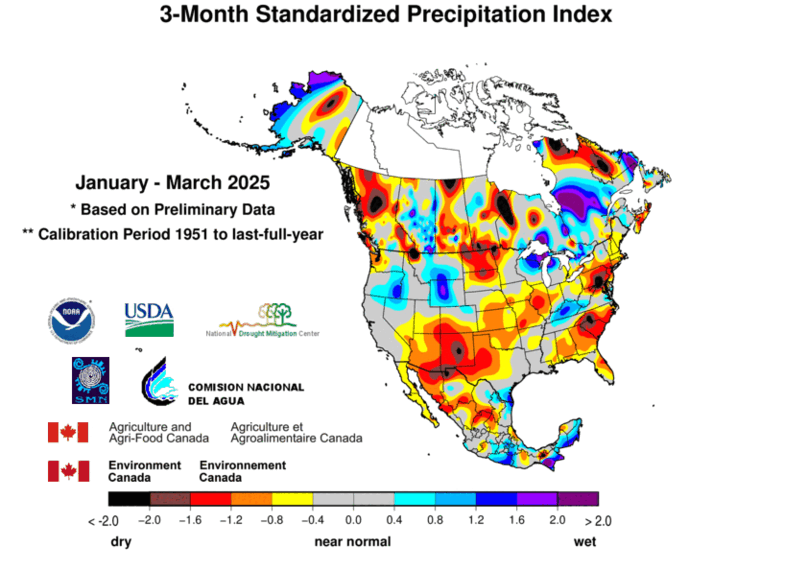 United States & Mexico 3-MonthStandardized Precipitation Index Division-Based Contour Map