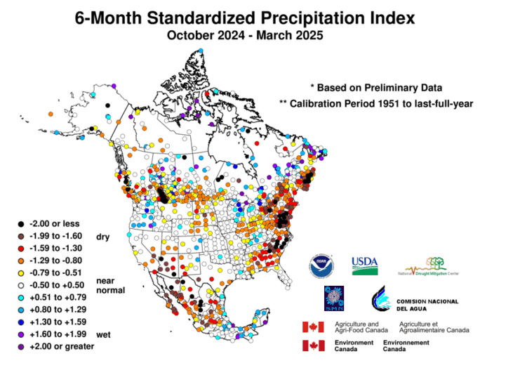 United States & Mexico 6-MonthStandardized Precipitation Index Division-Based Dot Map