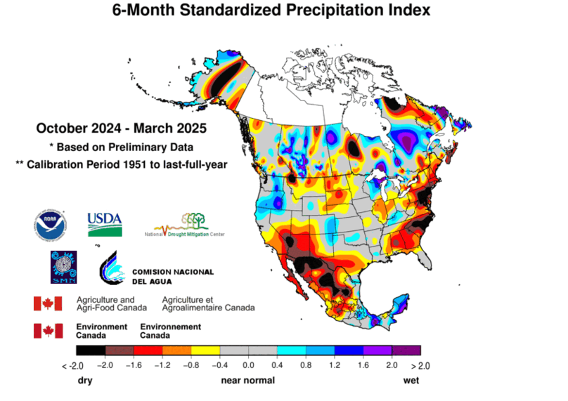 United States & Mexico 6-MonthStandardized Precipitation Index Division-Based Contour Map