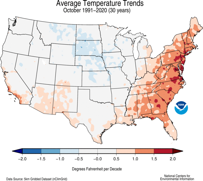 Average Mean Temperature Trends, October, 30-Year