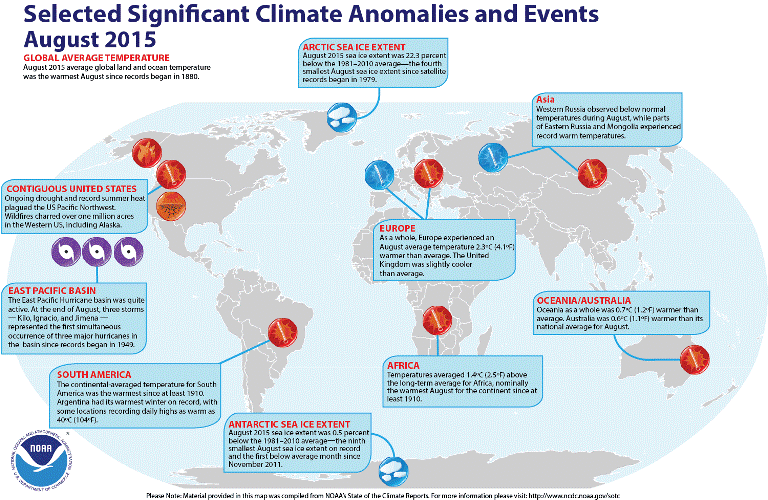 August 2015 Selected Climate Anomalies and Events Map