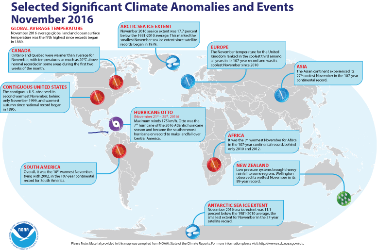 November 2016 Selected Climate Anomalies and Events Map