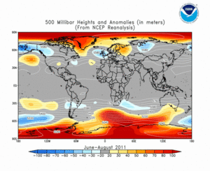 June–August 2011 height and anomaly map