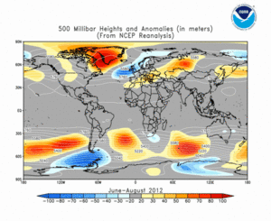 June–August 2012 height and anomaly map