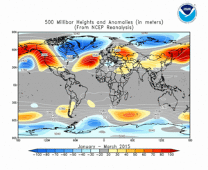 January - March 2015 height and anomaly map