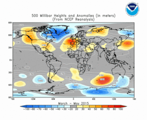 March - May 2015 height and anomaly map