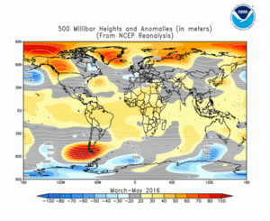 March - May 2016 height and anomaly map