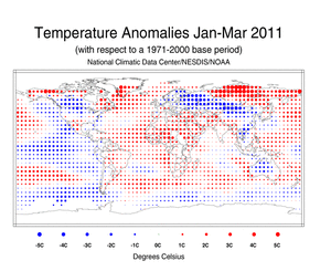 January–March 2011 Blended Land and Ocean Surface Temperature Anomalies in degree Celsius