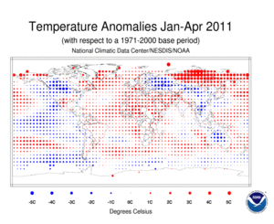 January–April 2011 Blended Land and Ocean Surface Temperature Anomalies in degree Celsius