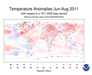 June–August 2011 Blended Land and Sea Surface Temperature Anomalies in degrees Celsius