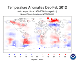 December 2011 – February 2012 Blended Land and Sea Surface Temperature Anomalies in degrees Celsius