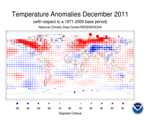 December 2011 Blended Land and Sea Surface Temperature Anomalies in degrees Celsius