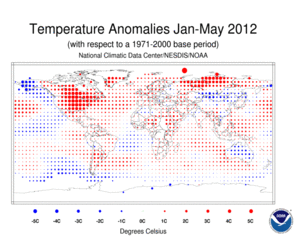 January–May 2012 Blended Land and Ocean Surface Temperature Anomalies in degree Celsius