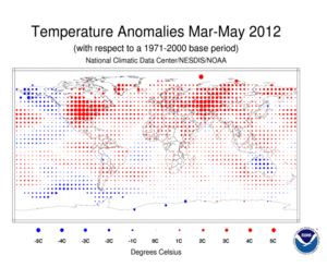 March – May 2012 Blended Land and Sea Surface Temperature Anomalies in degrees Celsius