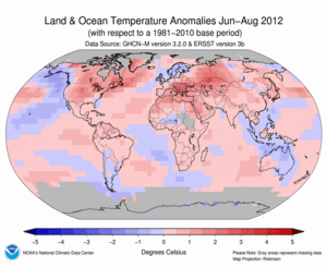 June–August Blended Land and Sea Surface Temperature Anomalies in degrees Celsius