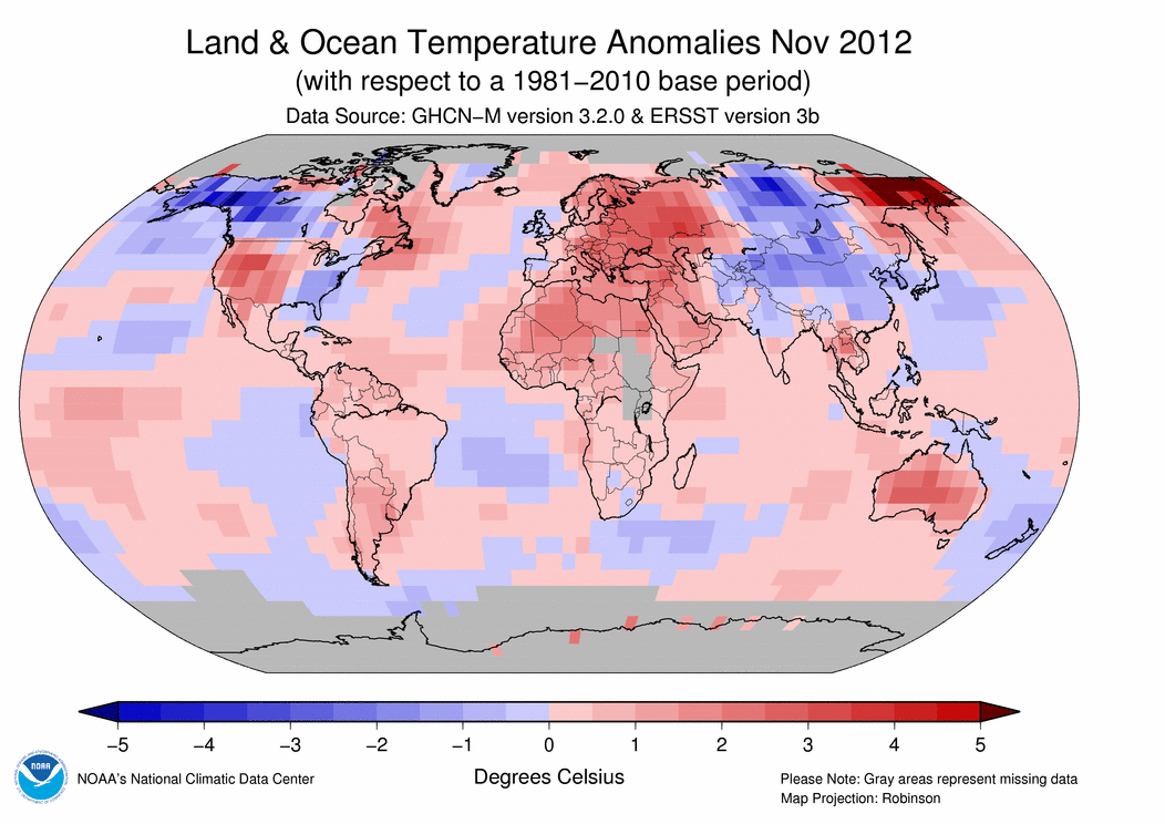 November 2012 Blended Land and Sea Surface Temperature Anomalies