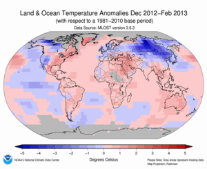 December 2012–February Blended Land and Sea Surface Temperature Anomalies in degrees Celsius