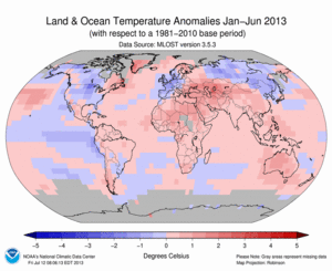 JanuaryJune Blended Land and Sea Surface Temperature Anomalies in degrees Celsius