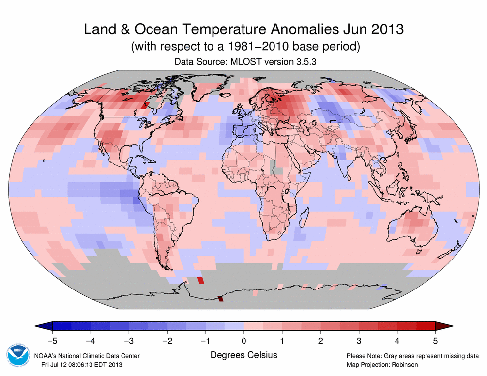 June 2013 Blended Land and Sea Surface Temperature Anomalies