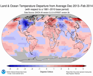 December 2013–February Blended Land and Sea Surface Temperature Anomalies in degrees Celsius
