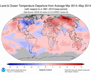 March 2014–May Blended Land and Sea Surface Temperature Anomalies in degrees Celsius