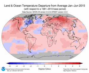 January–June Blended Land and Sea Surface Temperature Anomalies in degrees Celsius