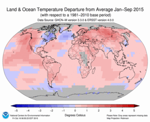 January–September Blended Land and Sea Surface Temperature Anomalies in degrees Celsius