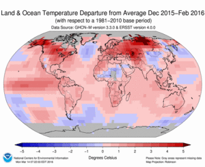 December-February Blended Land and Sea Surface Temperature Anomalies in degrees Celsius