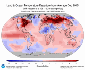 December Blended Land and Sea Surface Temperature Anomalies in degrees Celsius