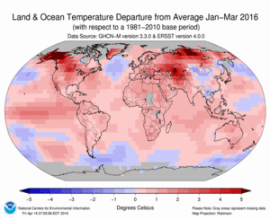 January-March Blended Land and Sea Surface Temperature Anomalies in degrees Celsius