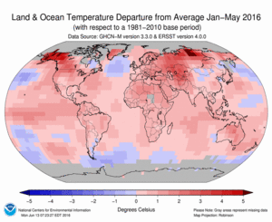January-May Blended Land and Sea Surface Temperature Anomalies in degrees Celsius