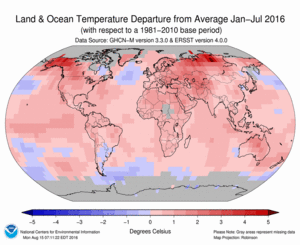 January-July Blended Land and Sea Surface Temperature Anomalies in degrees Celsius