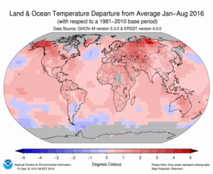 January-August Blended Land and Sea Surface Temperature Anomalies in degrees Celsius