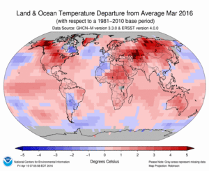 March Blended Land and Sea Surface Temperature Anomalies in degrees Celsius