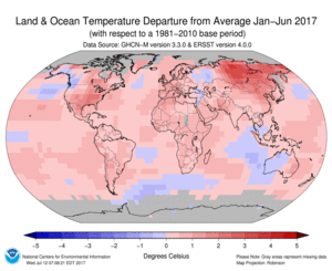 January-June Blended Land and Sea Surface Temperature Anomalies in degrees Celsius