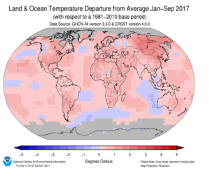 January–September Blended Land and Sea Surface Temperature Anomalies in degrees Celsius