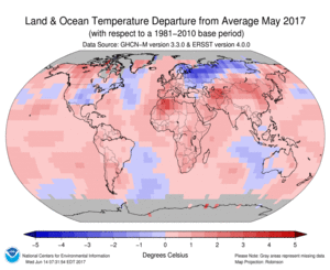 May Blended Land and Sea Surface Temperature Anomalies in degrees Celsius