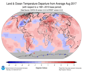 August Blended Land and Sea Surface Temperature Anomalies in degrees Celsius