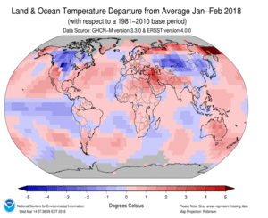 January-February Blended Land and Sea Surface Temperature Anomalies in degrees Celsius
