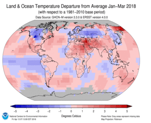 January-February Blended Land and Sea Surface Temperature Anomalies in degrees Celsius