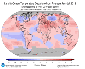 January-July Blended Land and Sea Surface Temperature Anomalies in degrees Celsius